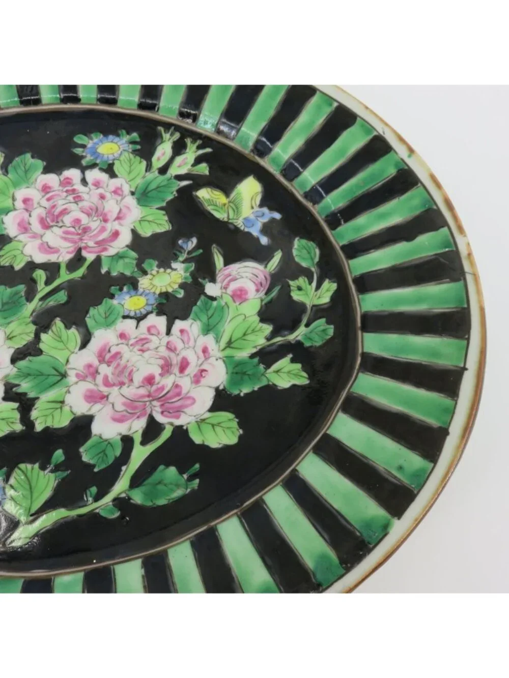 Antique Nippon 12.25in Pink Flower Black Green Stripe Oval Platter Plate Japan